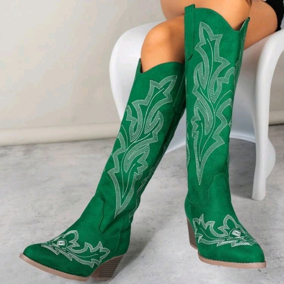 NEW WOMENS SLIP-ON WEDGE HEEL EMBROIDERY PATTERN COWGIRL BOOTS 👢 - Picture 6 of 8